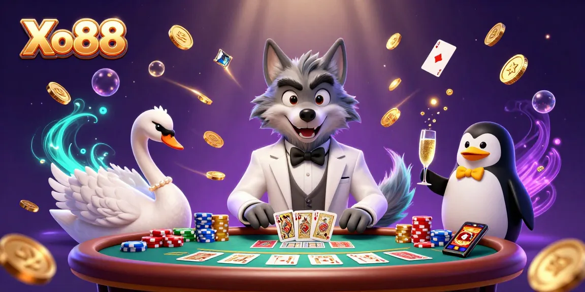 Join the high-stakes fun at Xo88 showcasing a rabbit dealer and panda classic playing card games.