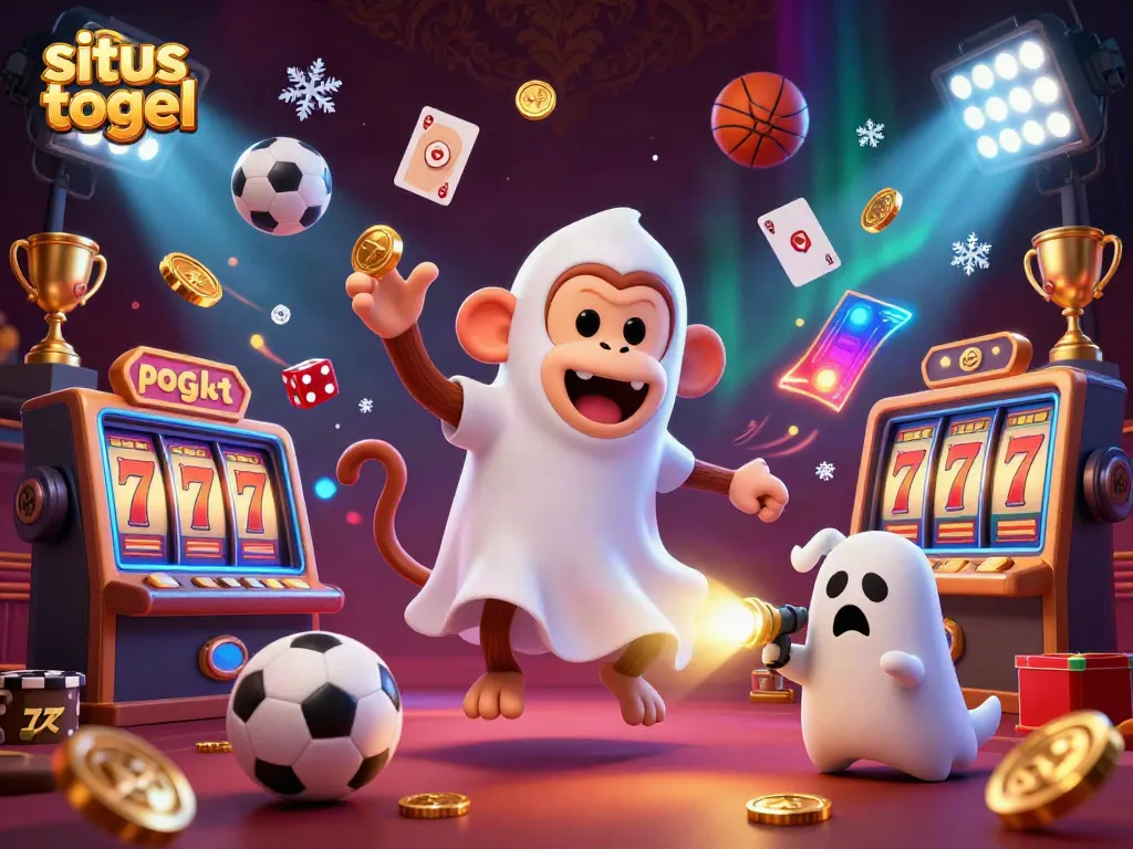 Situs togel gaming action scene with a poltergeist monkey and ghost-hunter puppy amid thrilling casino elements.