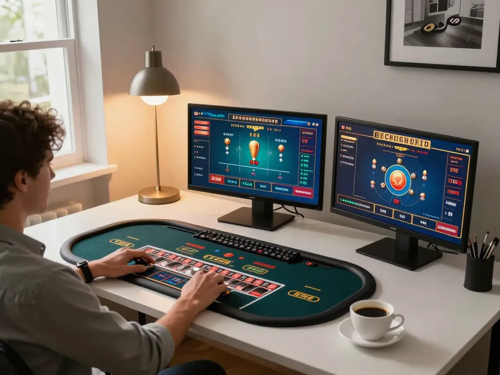 RR88 player enjoying live dealer roulette at a stylish gaming setup with modern screens