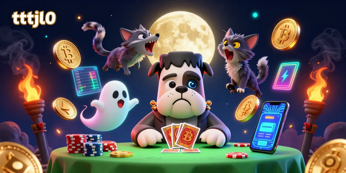 Engage in thrilling gameplay with tttjl0 as a Frankenstein bulldog deals cards at a spooky casino table.
