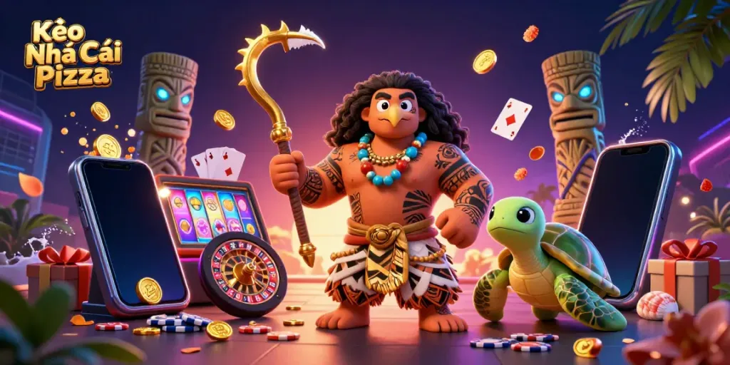 Kèo Nhà Cái Pizza showcases a dynamic 3D scene with a tribal demigod hawk and casino elements.