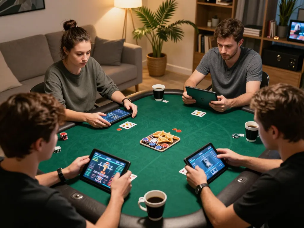 Players at home using sunwin app for online gaming, enjoying poker strategies and snacks.