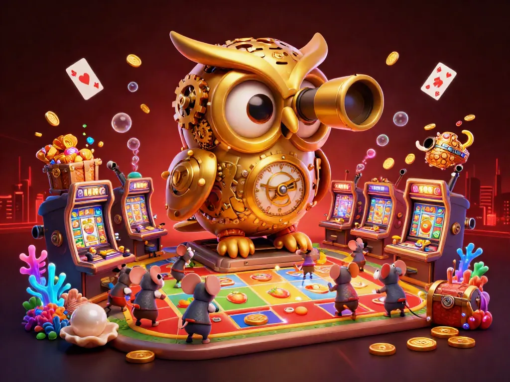 Engage with the vibrant mubet casino scene featuring a golden owl and lively slot machines.