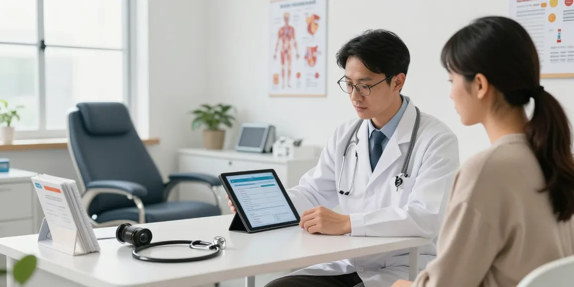 View the product information during a healthcare consultation in a modern clinic.
