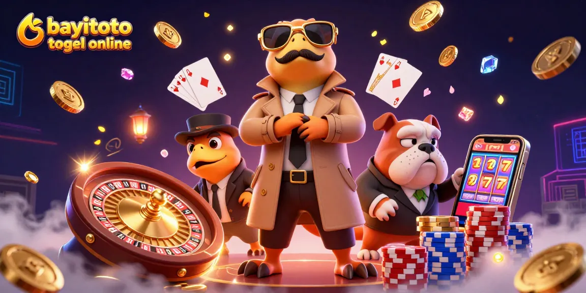 Exciting scene with bayitoto togel online characters, raptors and bulldog in a vibrant casino.