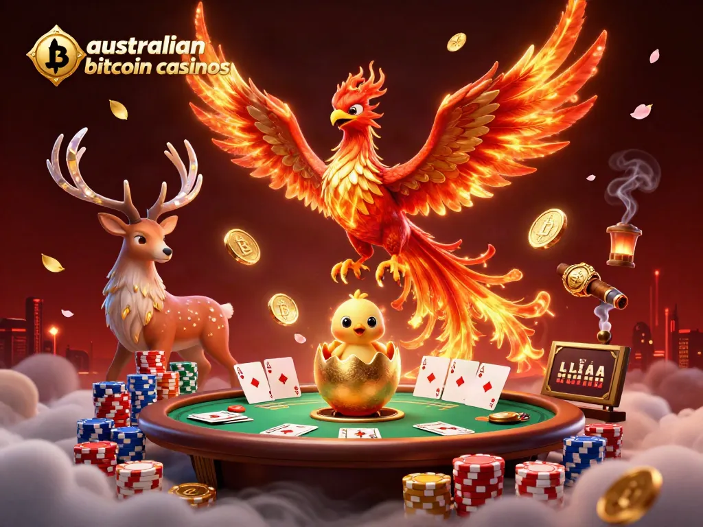 Experience the thrill of australian bitcoin casinos with an engaging phoenix and stag illustration amidst poker elements.