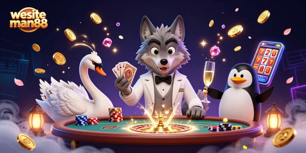 Experience excitement at wesite man88 with charming casino characters amidst vibrant gambling elements.
