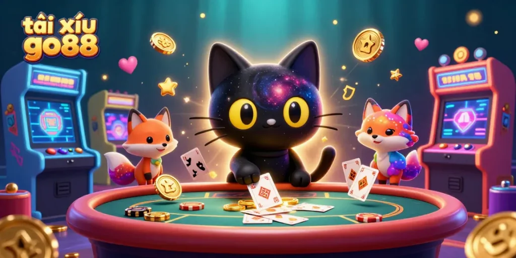 Engage in thrilling tài xỉu go88 action featuring a cosmic casino with a black hole cat and a nebula fox.