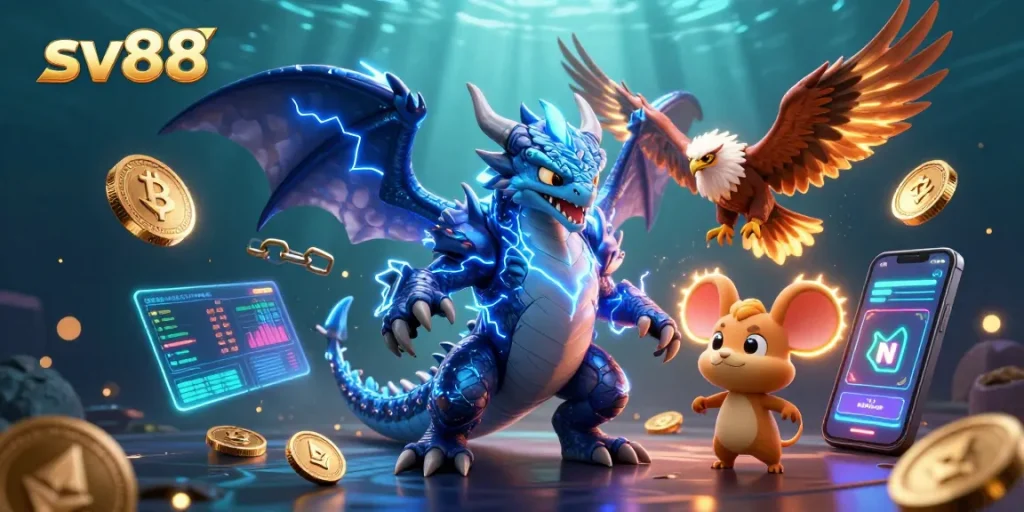 Experience thrilling sv88 action in a vibrant 3D casino illustration filled with dynamic game elements.