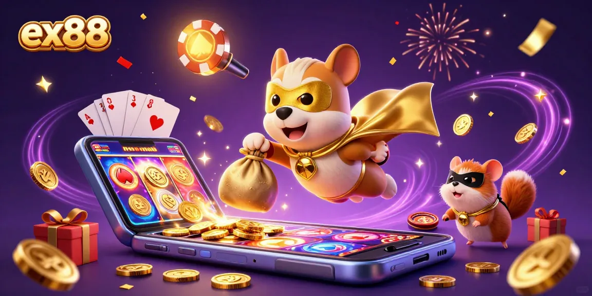 Experience ex88's excitement with a superhero dog and hamster, winning big at the casino!