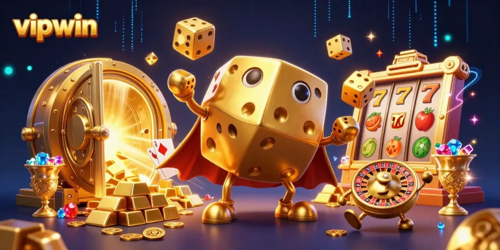 Engage with vipwin's thrilling world of online gaming, showcasing dynamic characters and sparkling casino treasures.