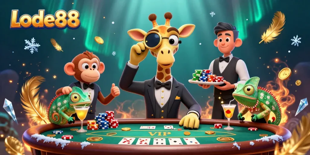 Experience thrilling poker action with Lode88 featuring a high-roller giraffe, monkey valet, and chameleon bartender.