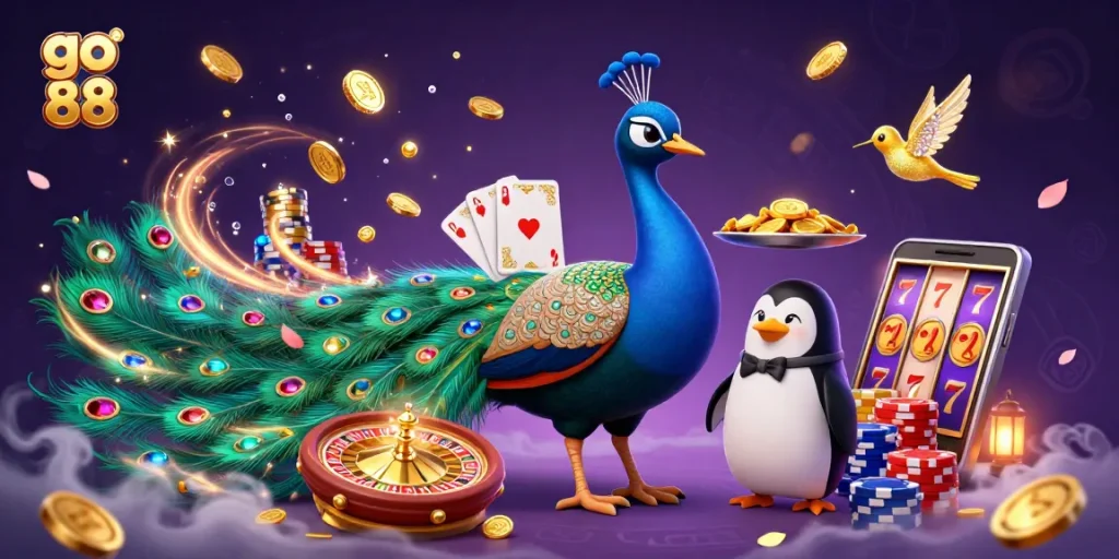 Experience the excitement of go 88 with colorful casino elements and animated characters celebrating winnings.