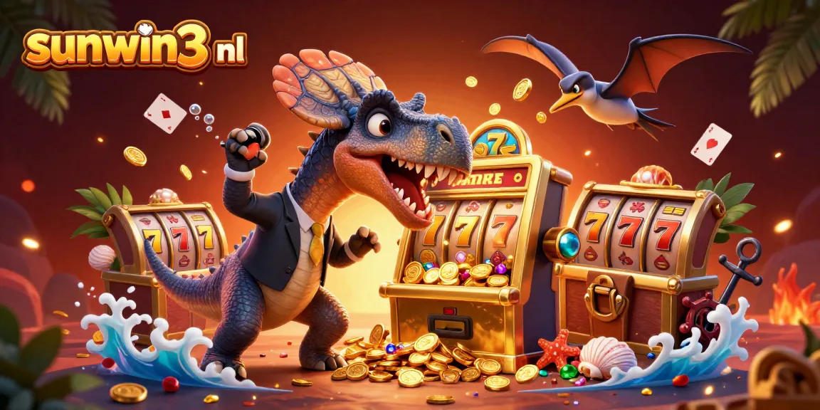 Experience a fun-filled jackpot scene with sunwin3 nl featuring a dinosaur and casino elements.