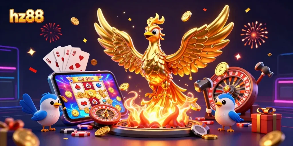 Experience the excitement of hz88 with a golden phoenix and dynamic casino elements in this vibrant illustration.