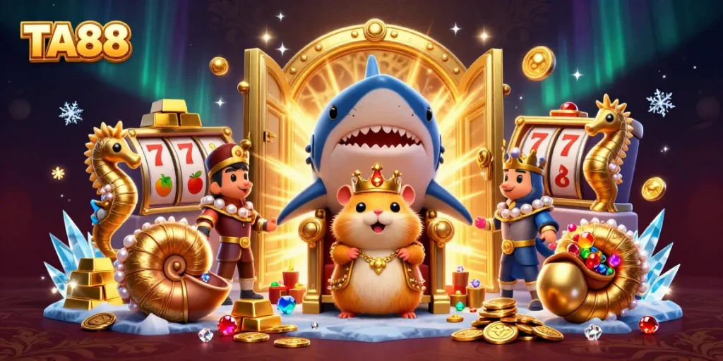 Experience TA88's vibrant casino scene featuring a golden hamster king and slot reels.