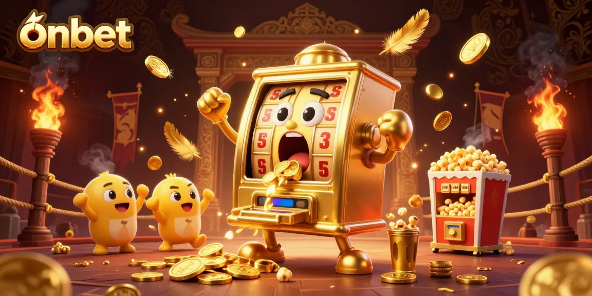 Experience exciting gaming at Onbet with a cartoon slot machine winning big!