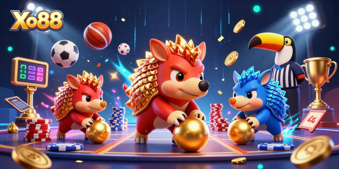 Xo88 brings excitement with rival pangolins competing in a vibrant casino scene.