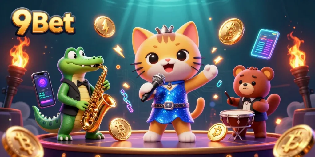 Experience gaming excitement with 9Bet's lively casino show featuring musical animals and crypto elements.