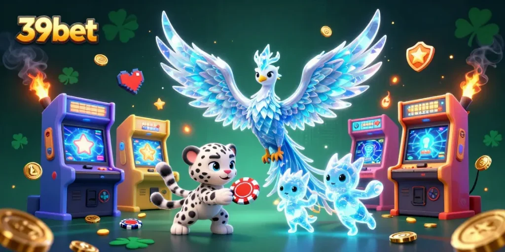 Experience the thrill of 39bet with a vibrant cartoon scene showcasing a colorful ice phoenix amidst casino gaming elements.