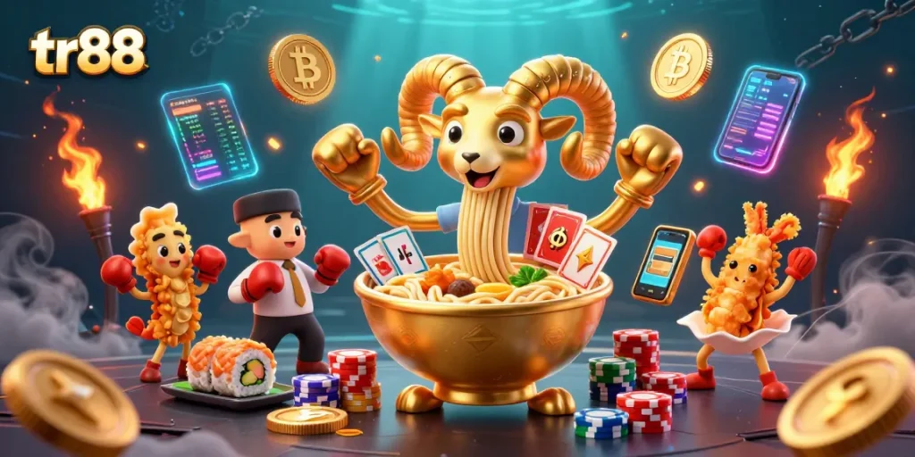Engage with tr88's dynamic casino experience featuring vibrant gaming elements and energetic characters.