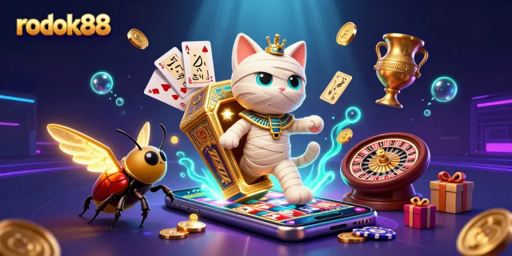 Experience the thrill with rokok88 featuring a mummy cat and glowing scarab in an exhilarating casino scene.