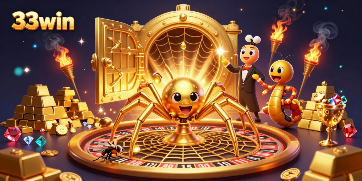 33win features a golden spider croupier and a fly placing bets in an enchanting casino scene.