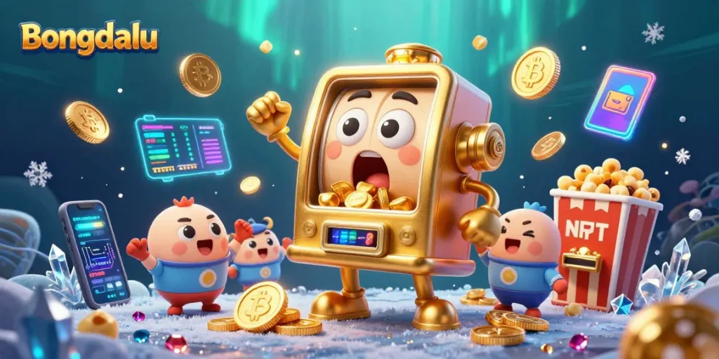 Bongdalu showcases a vibrant 3D cartoon slot machine hitting a jackpot as coins spill out, surrounded by sports betting elements.