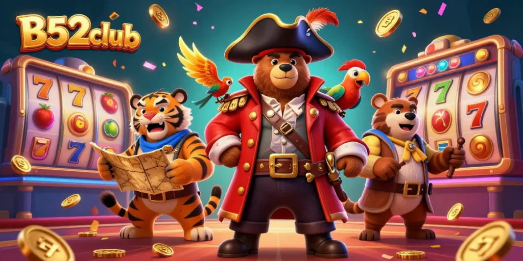 B52club players spin slot reels in a vibrant casino scene filled with gold coins and prizes
