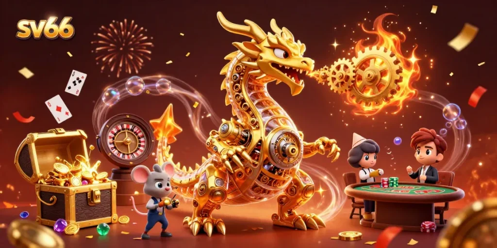 Experience thrilling gaming at sv66 with vibrant casino elements and golden treasures.