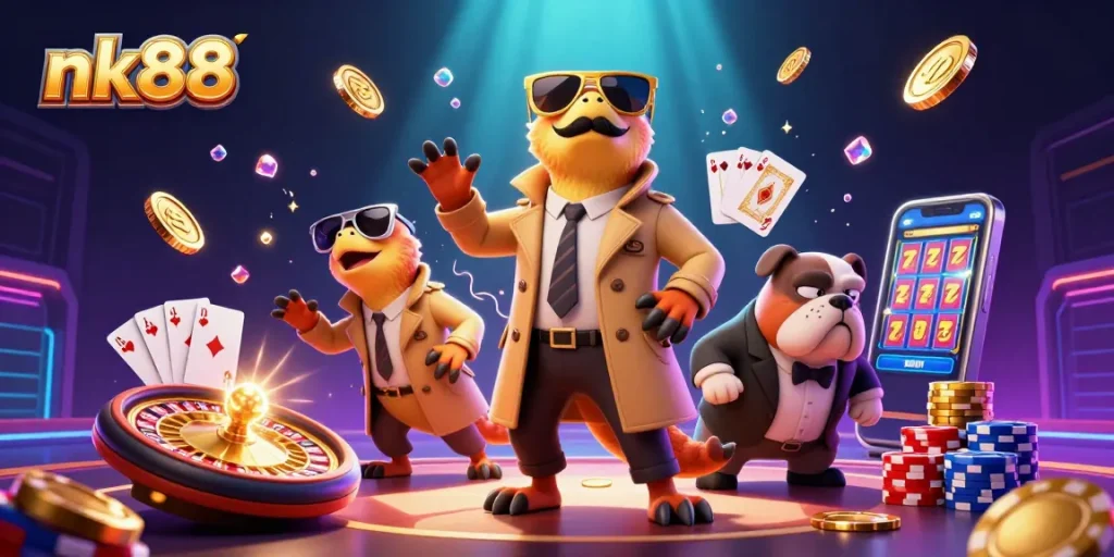 nk88 raptors in trench coat entering casino VIP lounge with coins and gaming elements