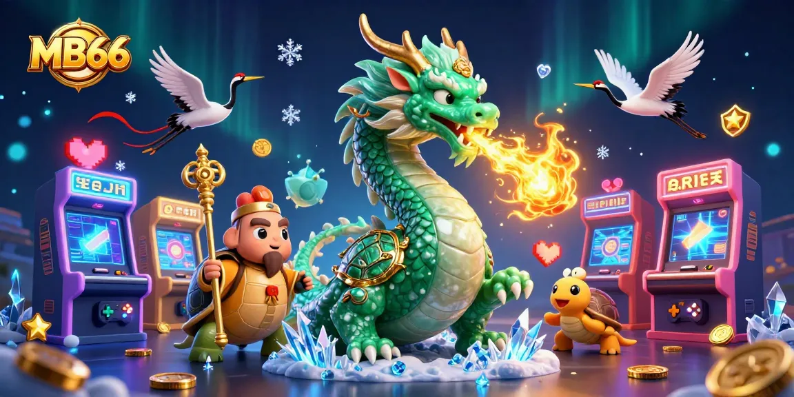 Experience thrilling gaming action with MB66's vibrant illustration, showcasing a jade dragon and lucky cranes amidst dynamic casino-themed elements.