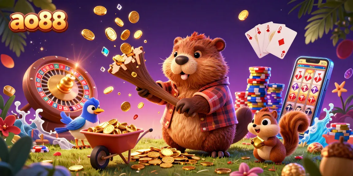 Celebrate wins at ao88 with a lively scene of cartoon characters, golden coins, and casino elements