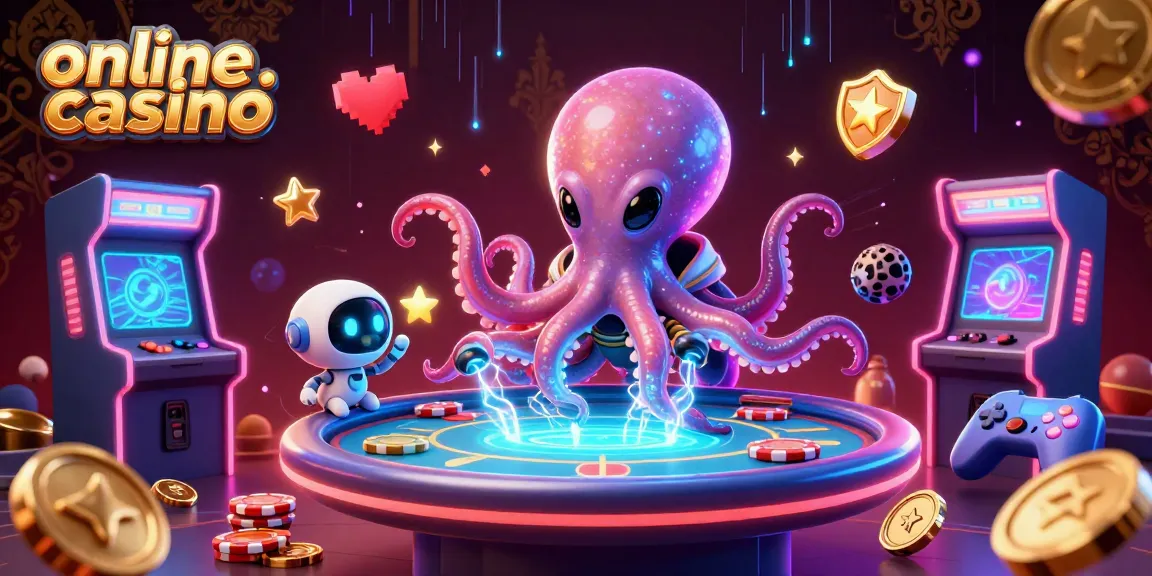 Engage in a thrilling online casino experience with alien octopus and robot at a holographic poker table.