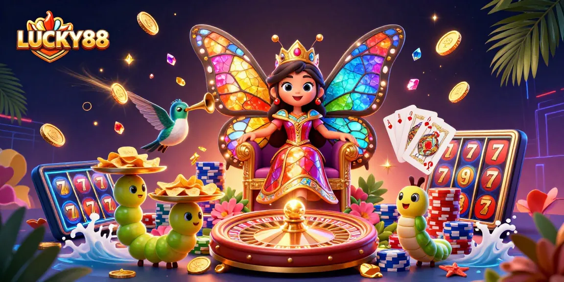 Engage with LUCKY88's vibrant casino world featuring a butterfly queen and dazzling game elements.