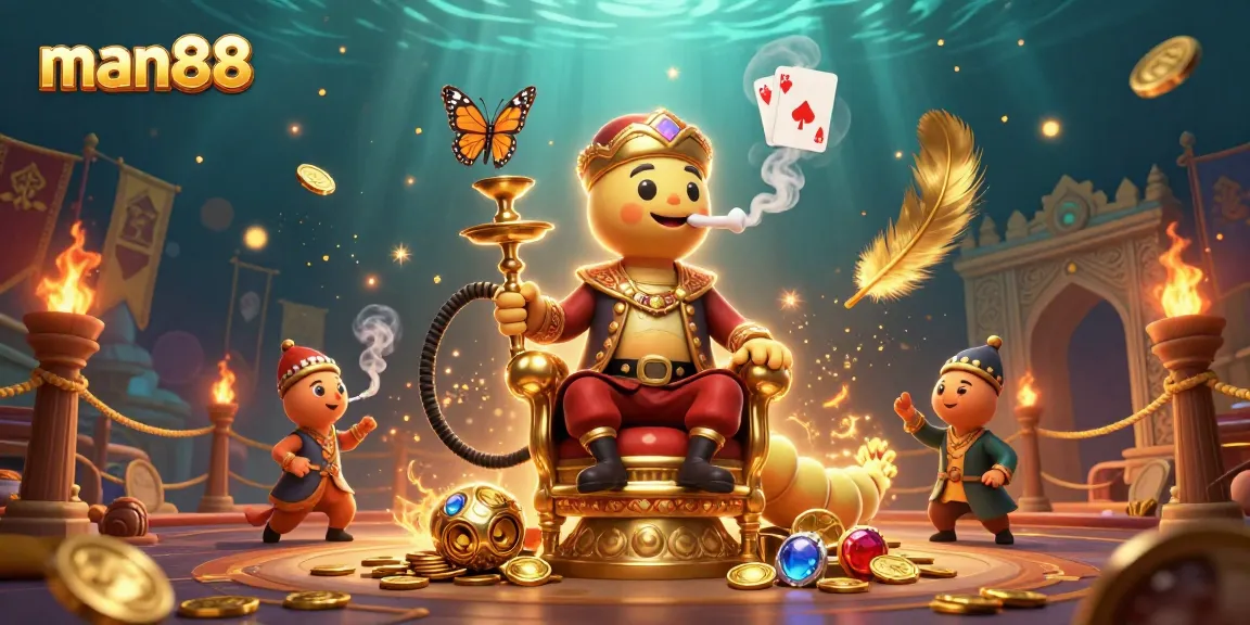 Experience man88 gaming with vibrant illustrations of a caterpillar hookah-master and dynamic casino elements.