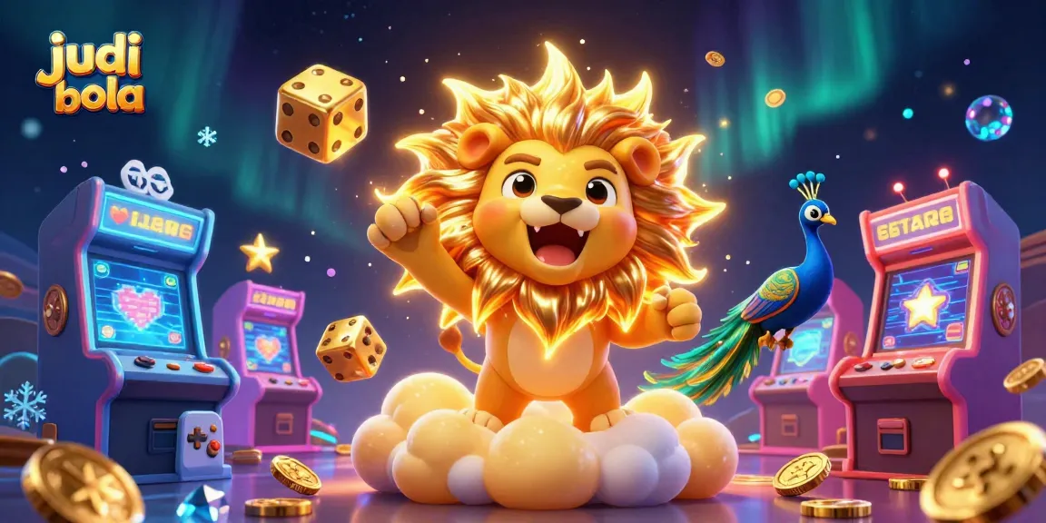 Engage in judi bola action with a vibrant scene featuring a conquering lion, golden dice, and arcade games.