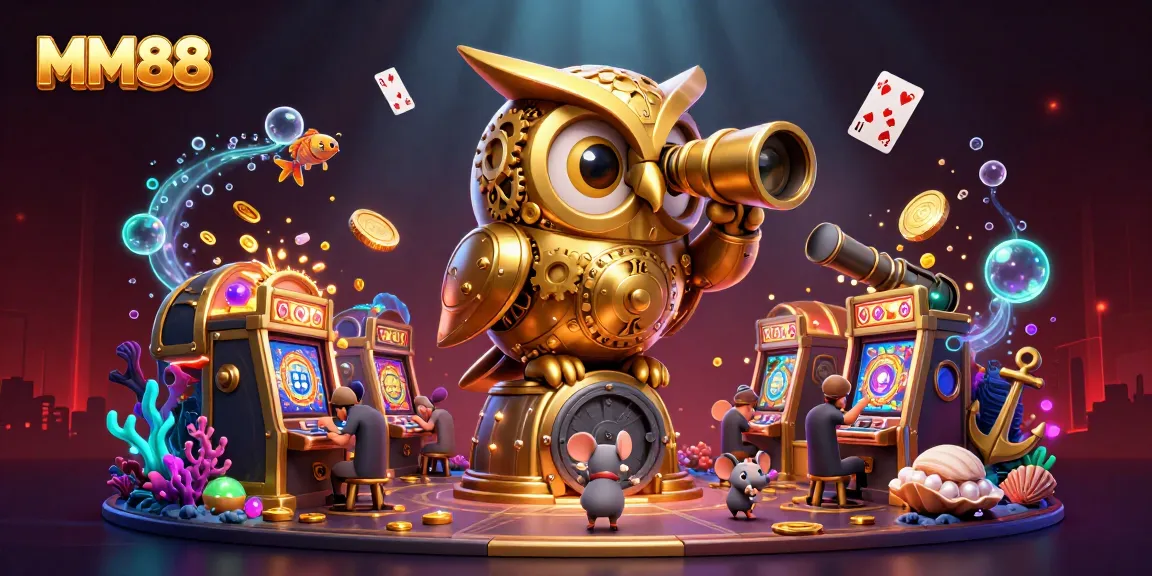 Engage with MM88's exciting casino atmosphere featuring a golden owl and gambling treasures.
