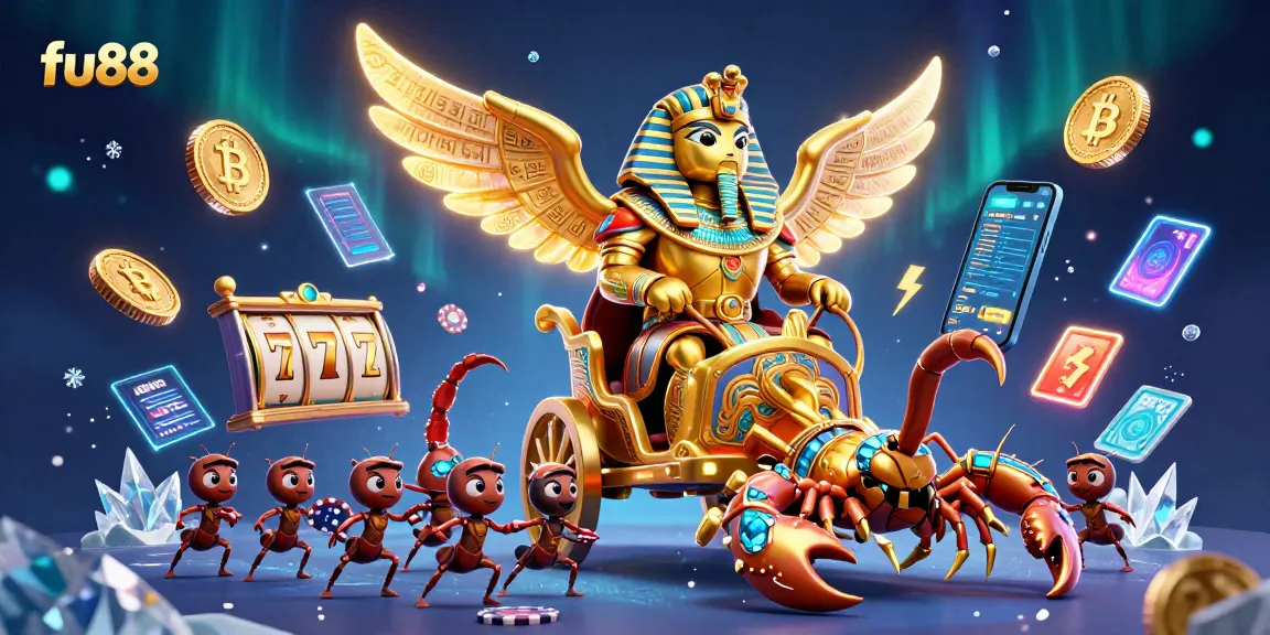 Experience thrilling wins with fu88 at a vibrant casino scene filled with slot reels and crypto elements.
