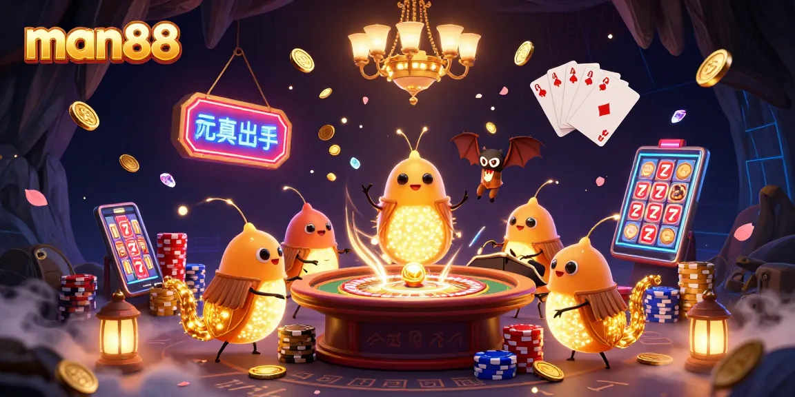 Experience man88's exciting cave casino with glowing glowworms, coins, and games.