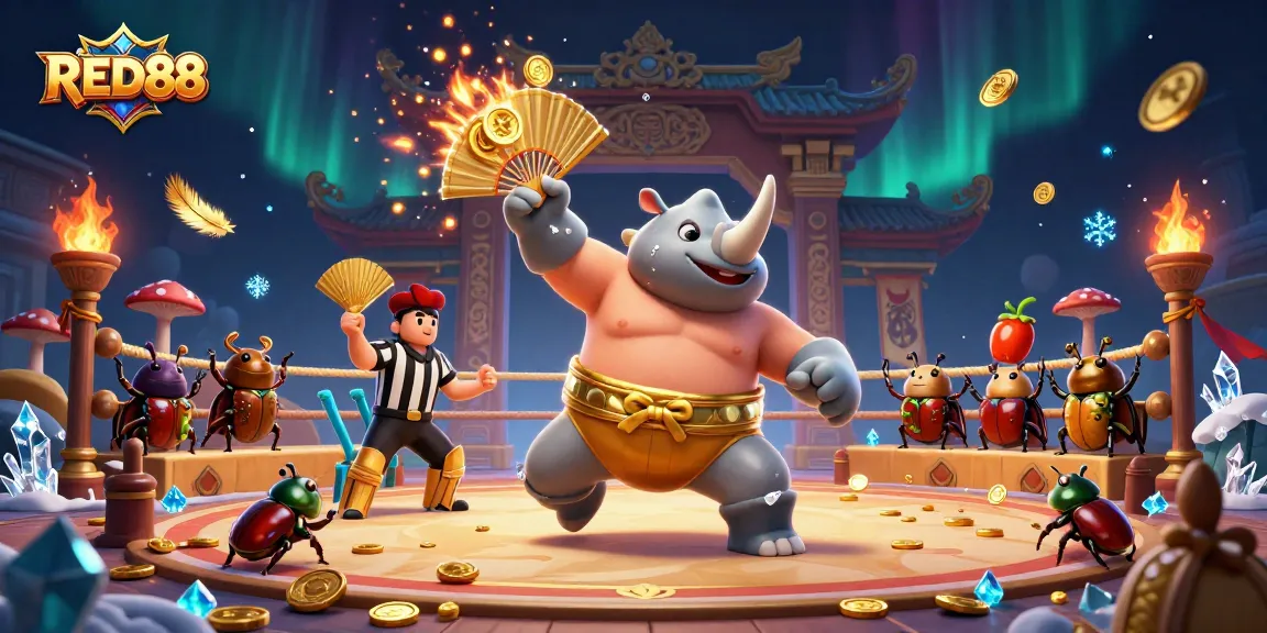 Experience dynamic battles in RED88 with a rhinoceros beetle sumo champion amidst vibrant casino elements.